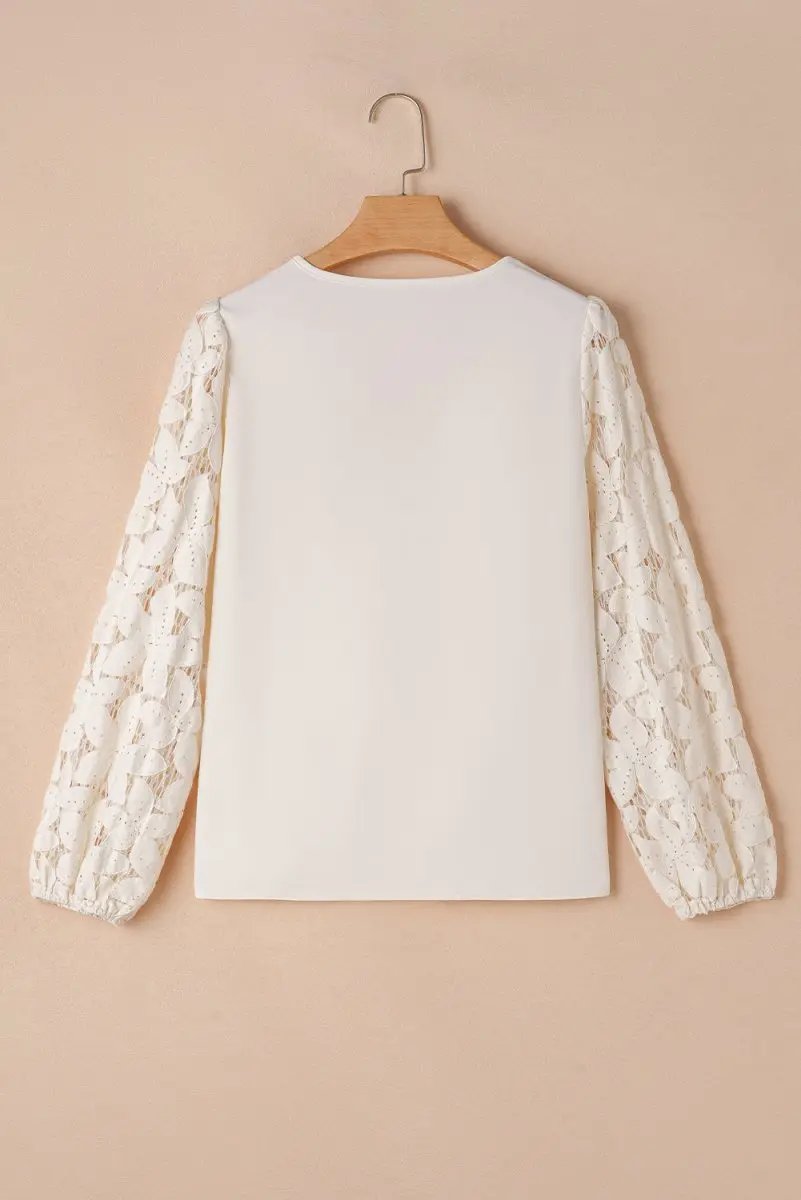 White Scalloped V Neckline Lace Hollowed Lantern Sleeve Blouse - Love Salve
